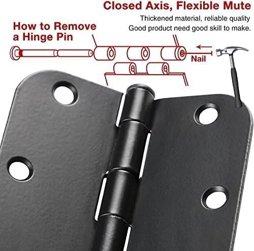 Matte Black Door Hinges 3.5 Inch Rounded 12 Pack Interior 3 1/2" Flat Iron Hinge 5/8" Radius 3 ½"Doors Hardware for Wood Frame and Clear Glass Indoor Bed Room,DIY Assemblely Gate,Closet,Table,Farm