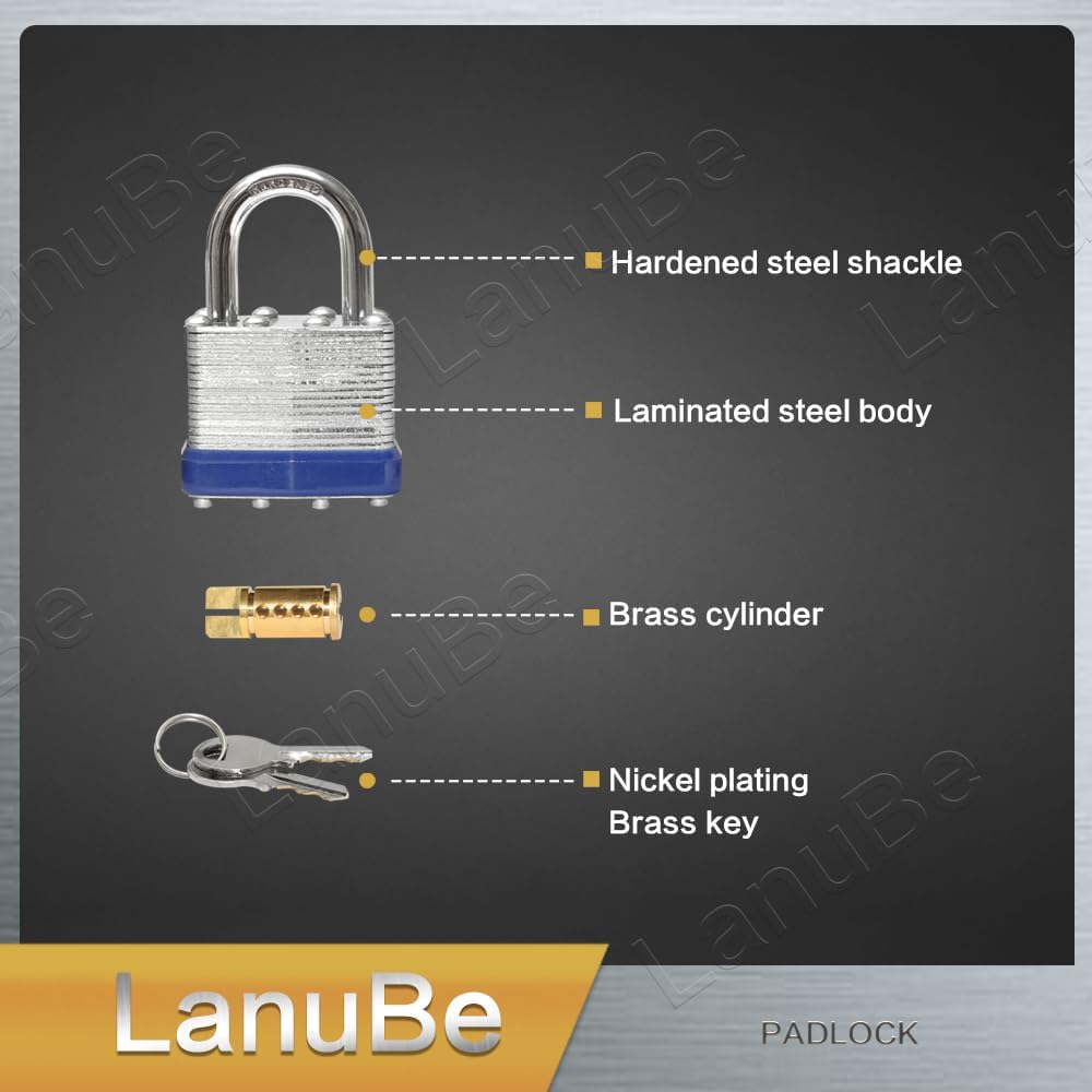 LanuBe Lock Laminated keyed Padlock (1-9/16", 40mm), keyed Alike Locks, Normal Shackle,Marked Blue Plastic Hoop, Pack of 60…