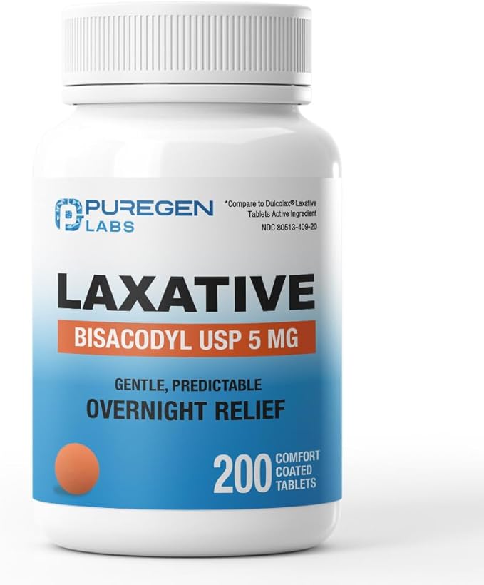 Puregen Labs Bisacodyl 5mg Tablet | 200 Count | Stimulant Laxative, Gentle and Fast Overnight Relief for Constipation