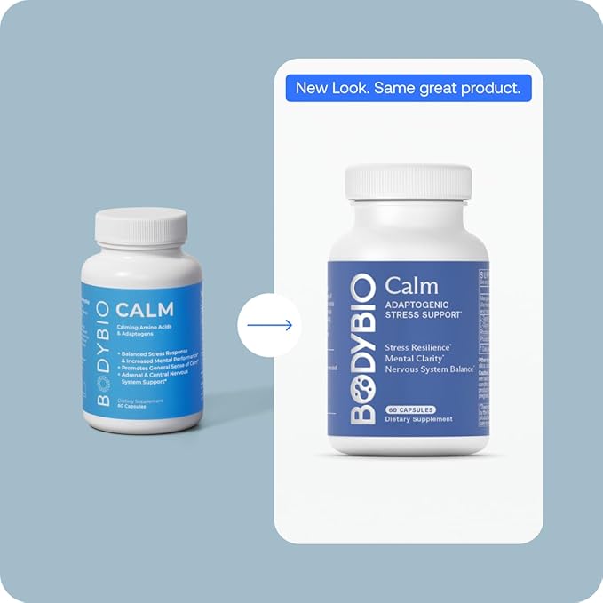 BodyBio Calm - Natural Stress Relief Blend with Rhodiola, Glycine & Phosphatidylserine - Supports Relaxation, Mental Focus & Balanced Cortisol - Non - Drowsy Formula