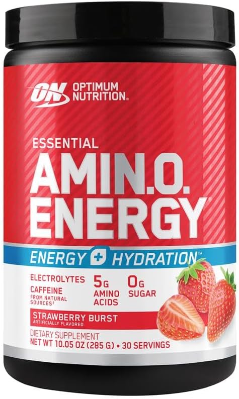 Optimum Nutrition Amino Energy Powder Plus Hydration, with BCAA, Electrolytes, and Caffeine, Strawberry Burst, 30 Servings (Packaging May Vary)