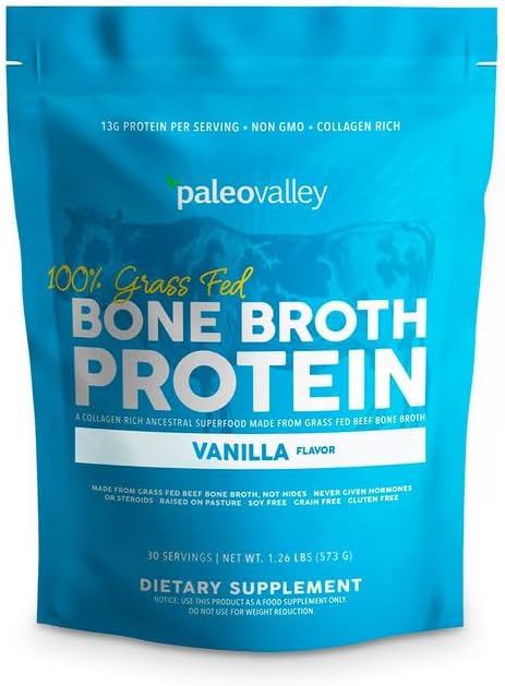Paleovalley 100% Grass Fed Bone Broth Protein Powder - Vanilla - Rich in Collagen for Hair, Skin, Gut Health, Bone and Joint Support - 28 Servings
