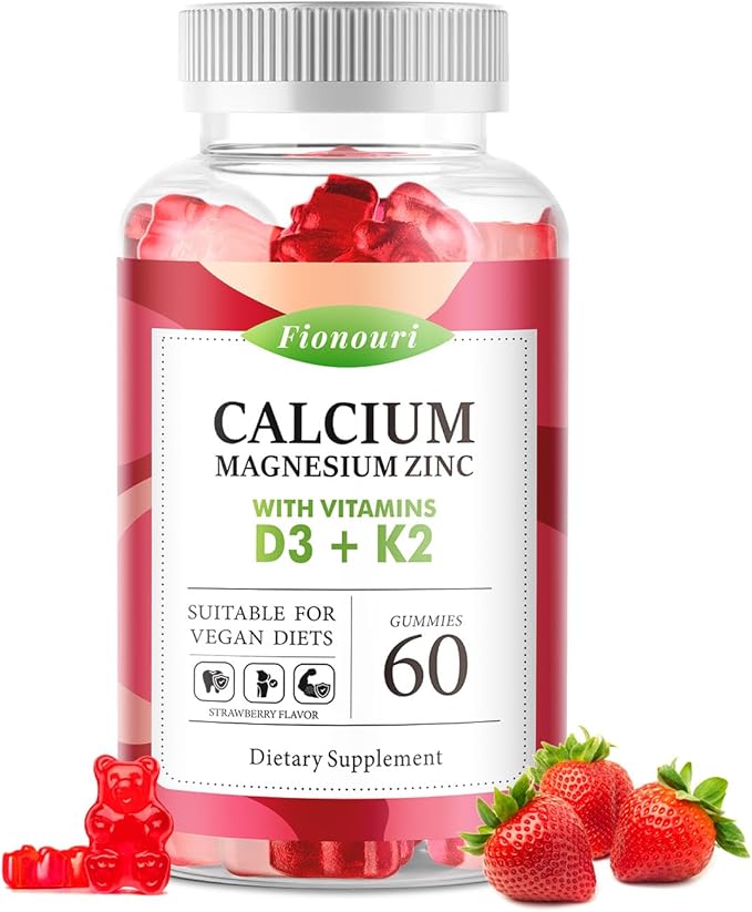 Calcium Magnesium Zinc Gummies with Vitamin D3 & K2 - High Potency Enhanced Absorption -60 Strawberry Gummies Flavored