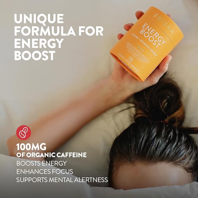 FRISKA Energy Boost Enzyme and Probiotics Supplement, Promotes Better Digestion and Energy for Men and Women, Gut Health, 30 Capsules