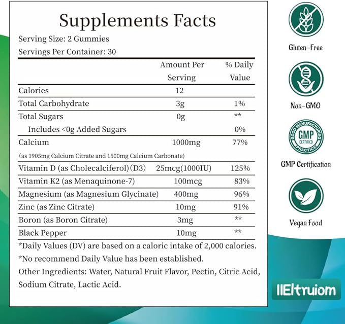 Liposomal Calcium,1000mg Calcium with Vitamin D3 & K2 for for Muscle & Immune Support, Calcium Chews for Bone Health,Sugar Free, 60 Chews