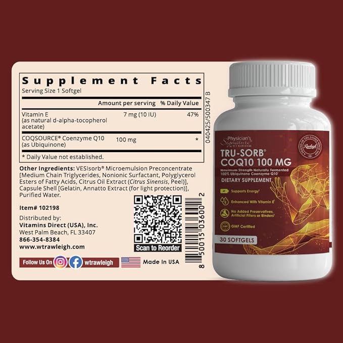 Tru-Sorb Natural COQ10 100mg: 30 Softgels - Supplement with Naturally Fermented 100% High-Potency Coenzyme q10 Ubiquinone, Vitamin E, 6X Ultra high Absorption for Cellular & Heart Health Support