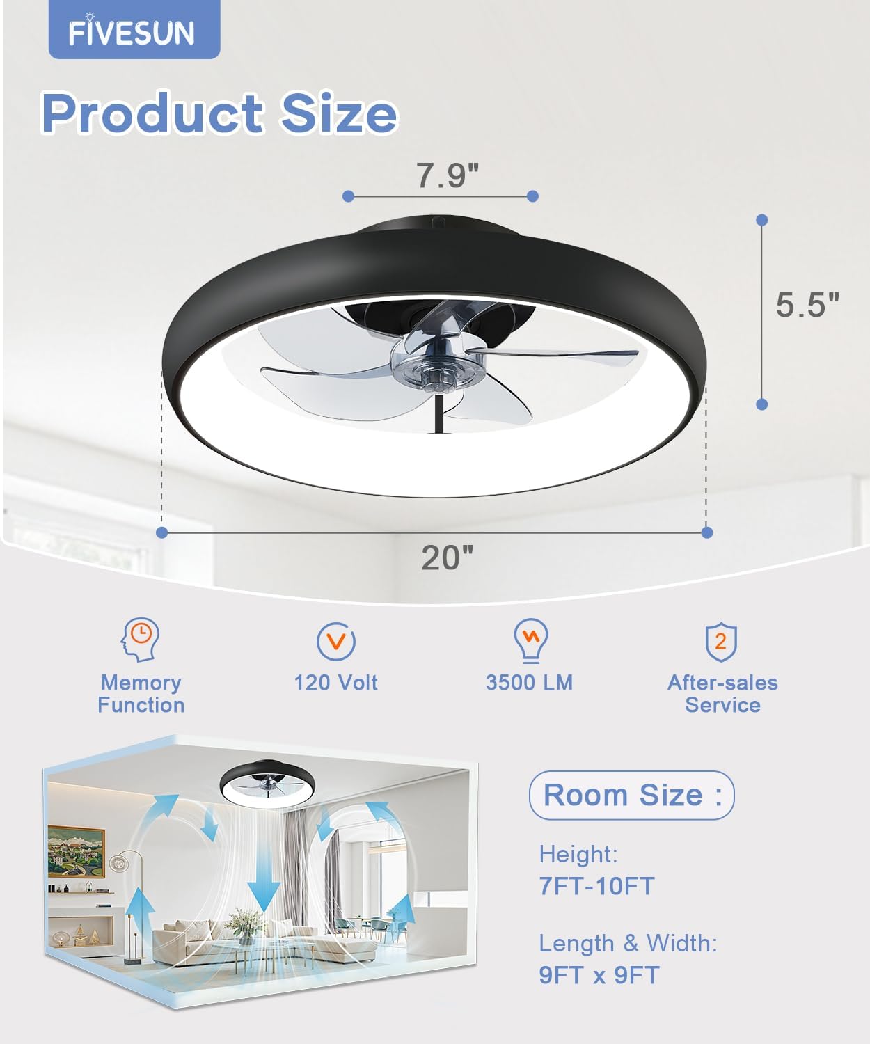 Ceiling Fans with Lights and Remote, 20" Modern Low Profile Ceiling Fan with Light, 2700K-7000K Stepless Dimming Fandelier Flush Mount Led Fan Light and 6 Wind Speeds for Bedroom(Black)