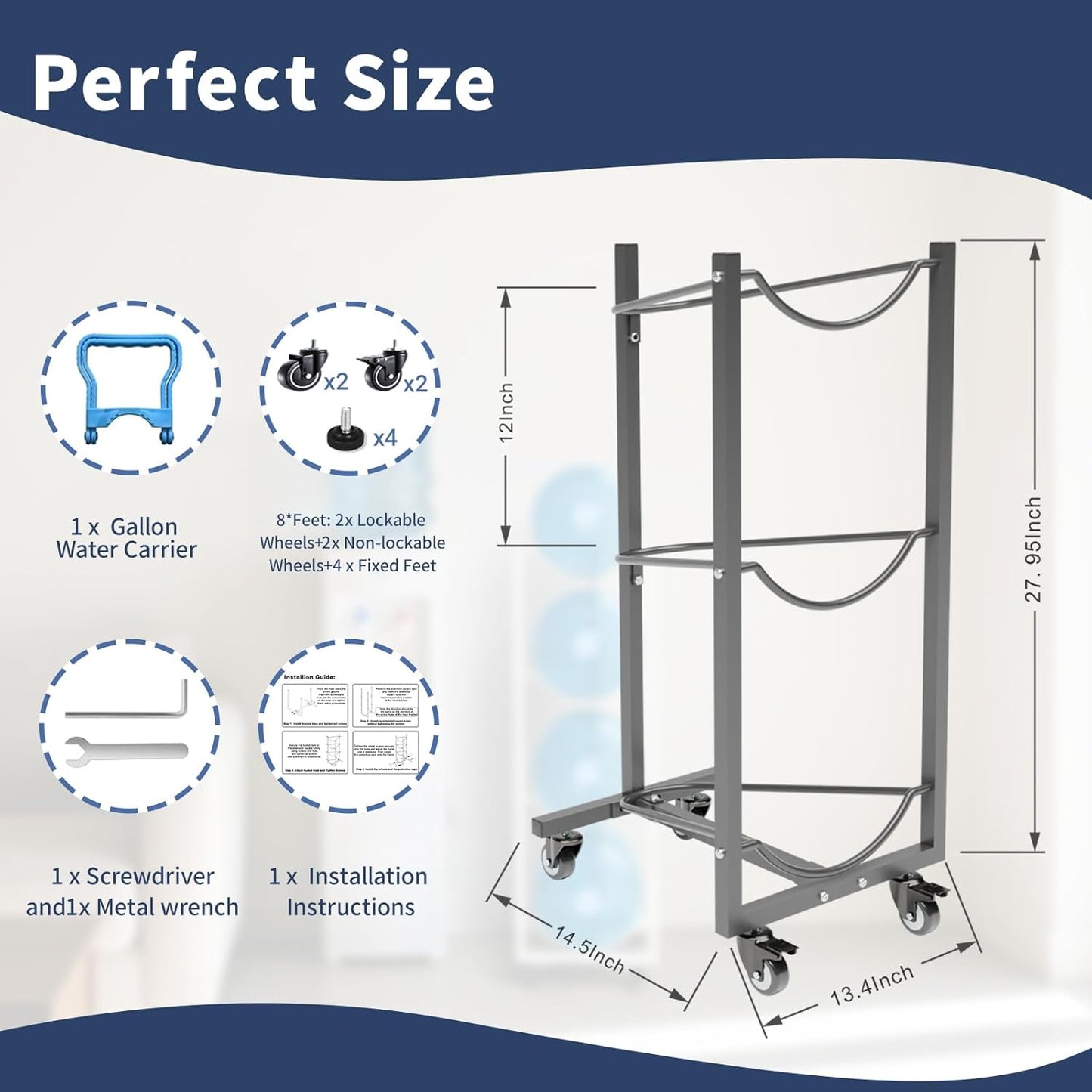 Water Jug Holder with 4 Wheels: 3 Tier Movable Gallon Bottle Storage Rack for Office Gym Garage - Black