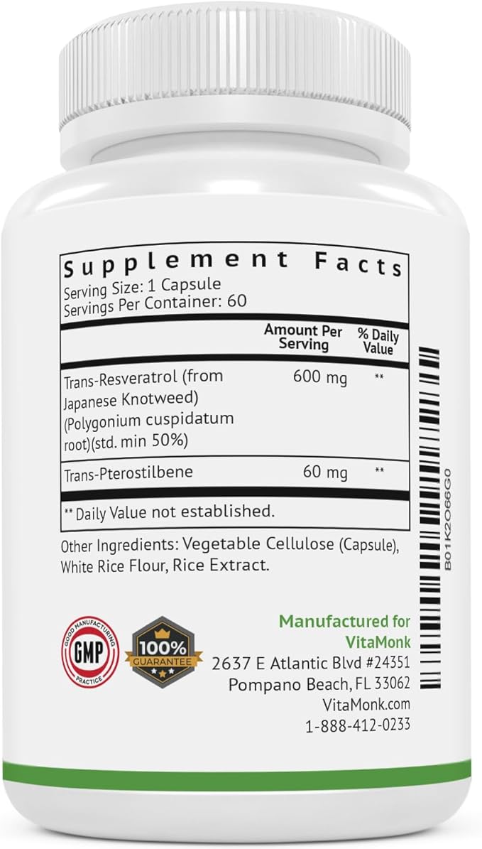 VitaMonk Resveratrol with Pterostilbene 600mg/60mg - No Artificial Fillers Healthy Aging and Longevity Supplement - 60 Capsules - Precise Formula with Trans Pterostilbene Resveratrol Supplements