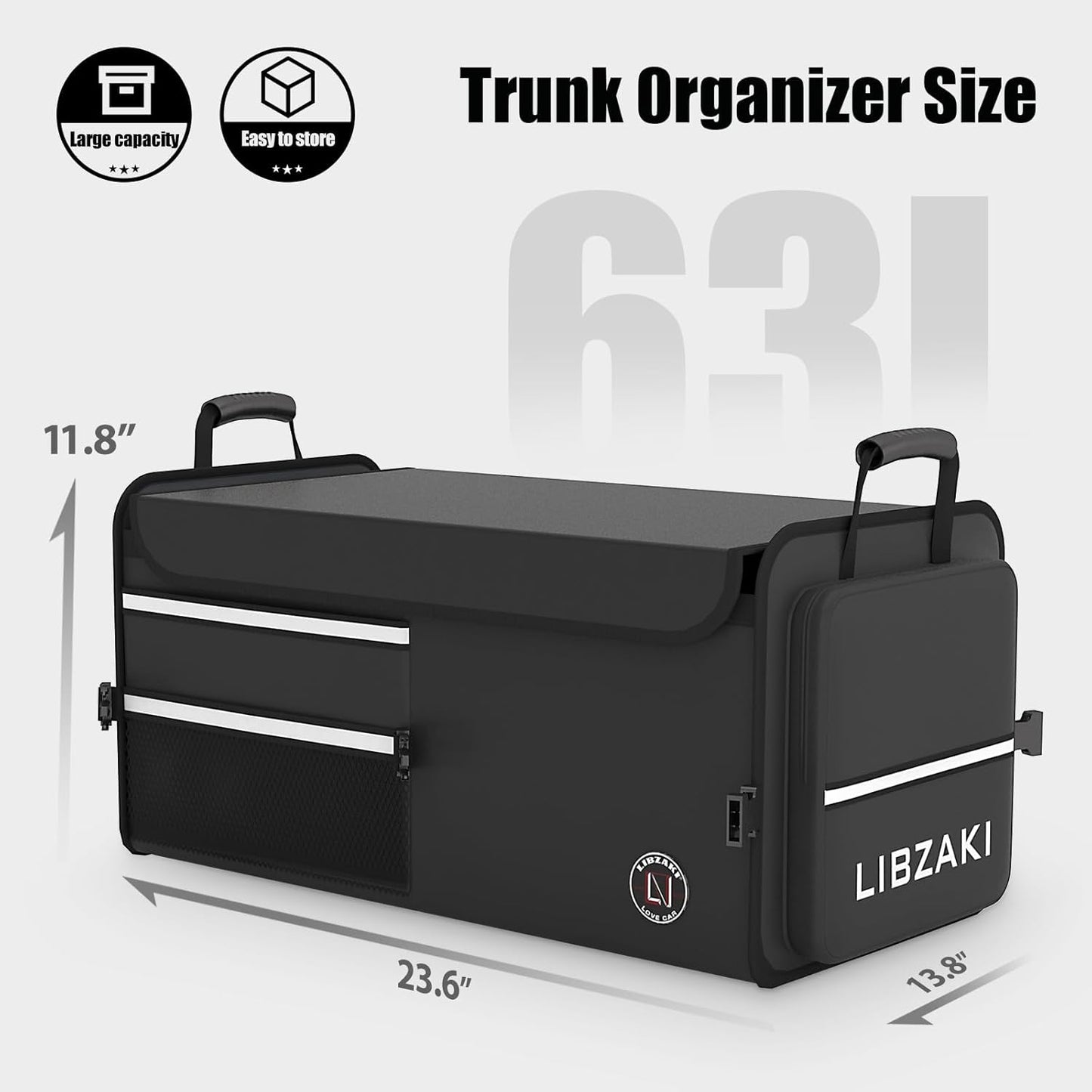 LIBZAKI Car Trunk Storage Organizer, Multi Compartment Collapsible Trunk Storage Box for Car Truck SUV-Black