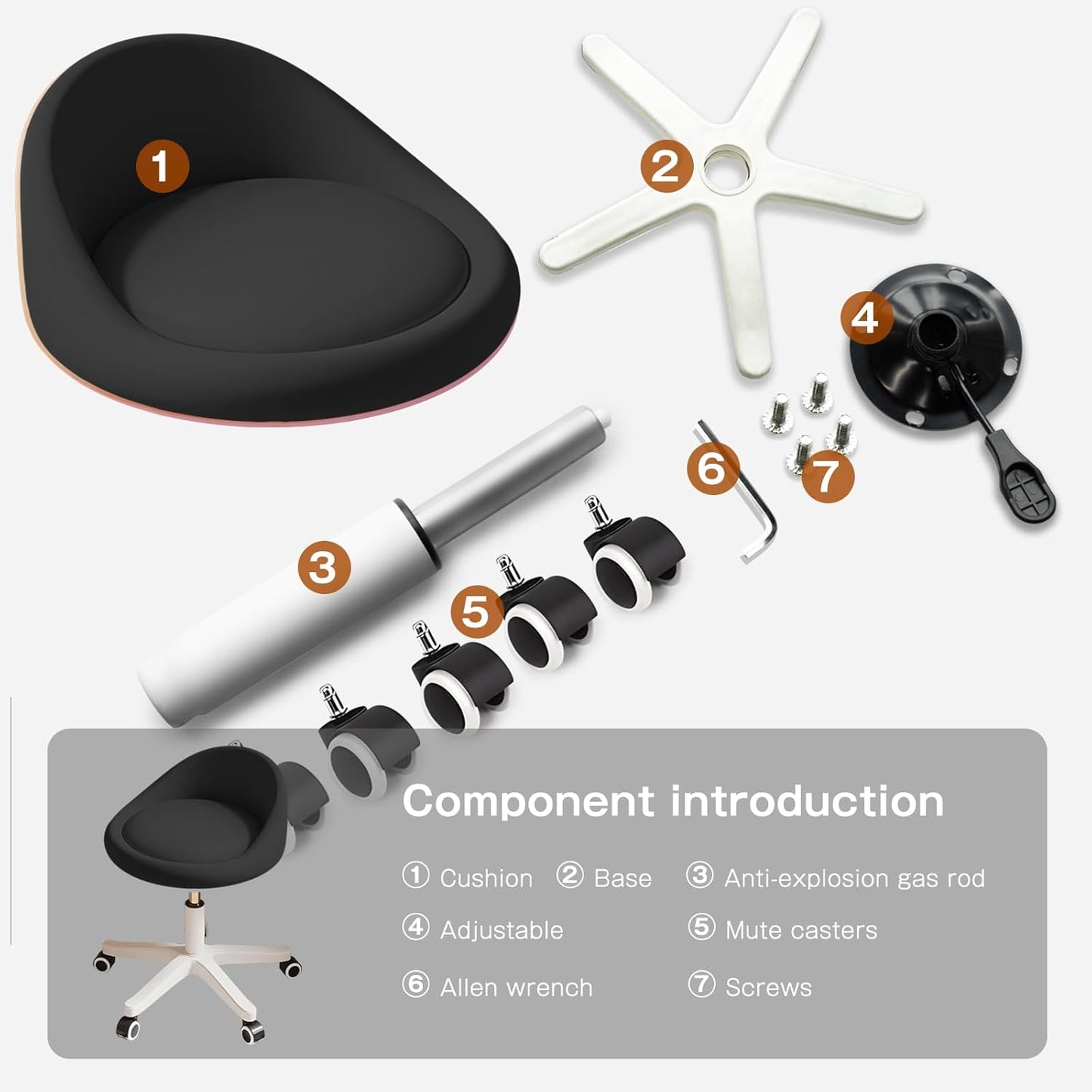 Rolling Stool Set of 6 Rolling Hydraulic Salon Stool with Low Backrest - Adjustable Swivel Chair for SPA, Shop, Salon, Massage, or Medical Office Black