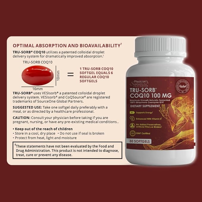 Tru-Sorb Natural COQ10 100mg: 30 Softgels - Supplement with Naturally Fermented 100% High-Potency Coenzyme q10 Ubiquinone, Vitamin E, 6X Ultra high Absorption for Cellular & Heart Health Support