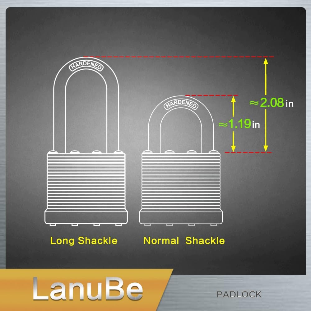LanuBe Lock Laminated keyed Padlock (1-9/16", 40mm), keyed Alike Locks, Long Shackle,Marked Black Plastic Hoop, Pack of 6
