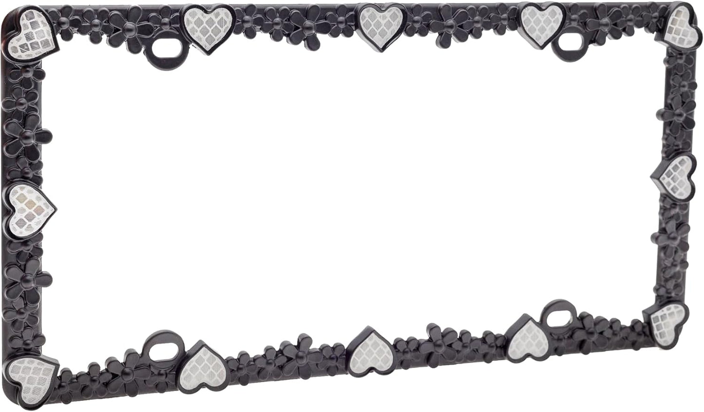 Creathome 3D Daisy Heart License Plate Frame from Pure Zinc Alloy Metal Perfect Plate Holder, Matt Black Daisy with Silver Reflective Heart