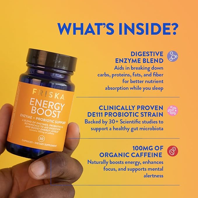 FRISKA Energy Boost Enzyme and Probiotics Supplement, Promotes Better Digestion and Energy for Men and Women, Gut Health, 30 Capsules