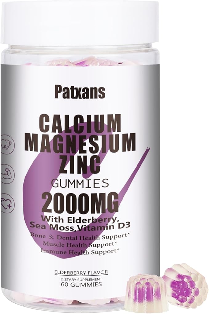 1 Pack 2000MG Calcium Magnesium Zinc Gummies with Vitamin D3 & Elderberry, Sea Moss for Bone & Tooth Strength, Muscle & Immunity, Blueberry Flavor, 60ct.