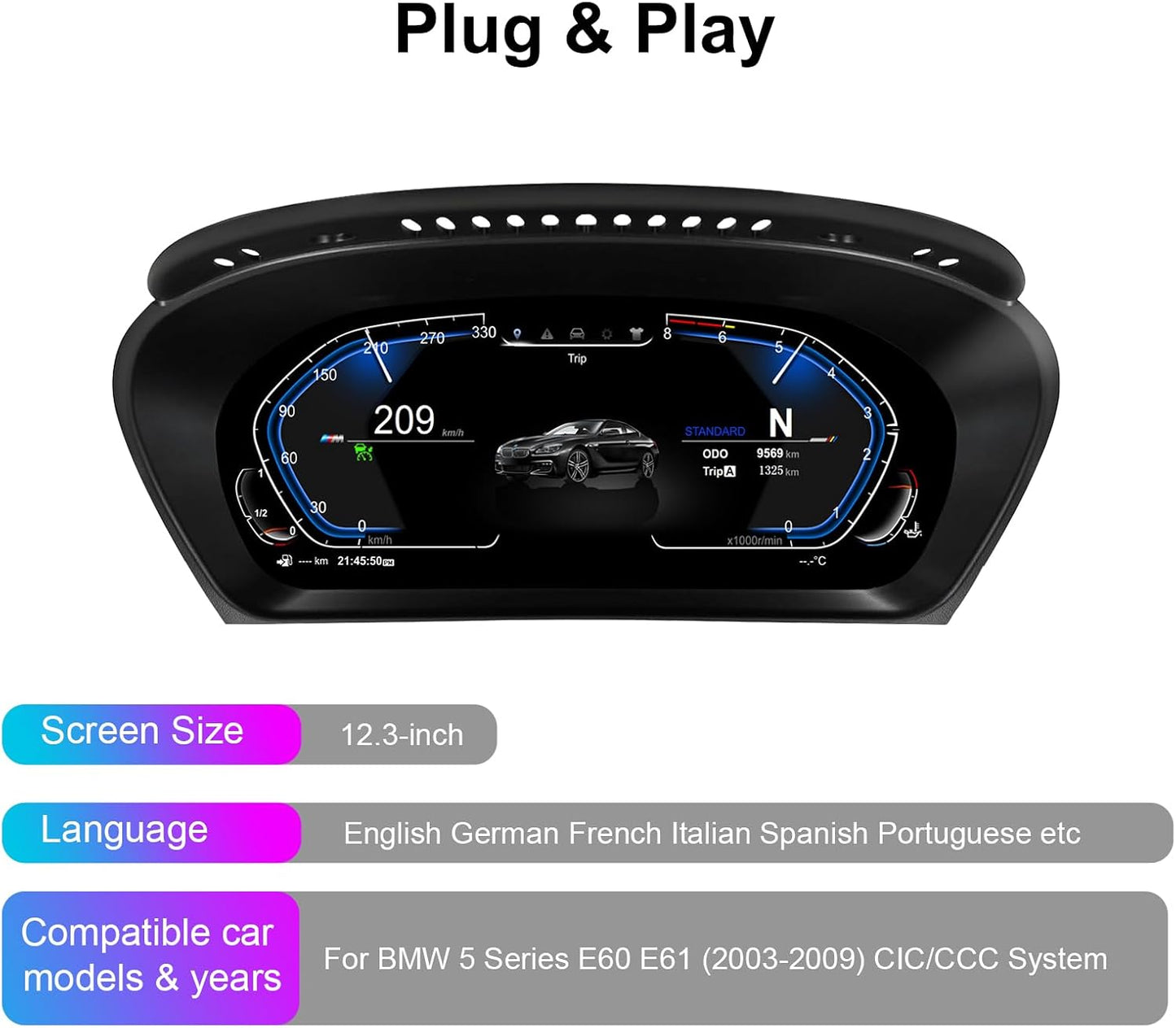 Speedometer Instrument for BMW E60 E61 E63 E64 2003-2009 CCC CIC, 12.3 inch Linux System Original Car Display Digital Cluster Dashboard Screen with Panel