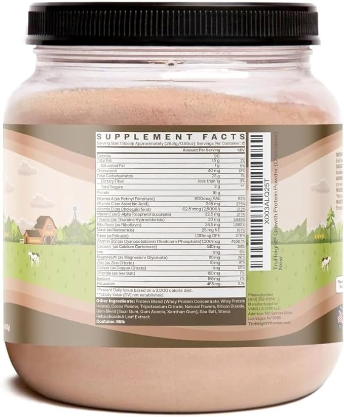 TruHeight Growth Protein Shake (Chocolate Milk Flavor, Whey) Natural Growth & Development Protein Powder for Kids & Teens - Weight Gain Drinks - Endorsed by Pediatricians, Picky Eater Vitamin, Ages 4+