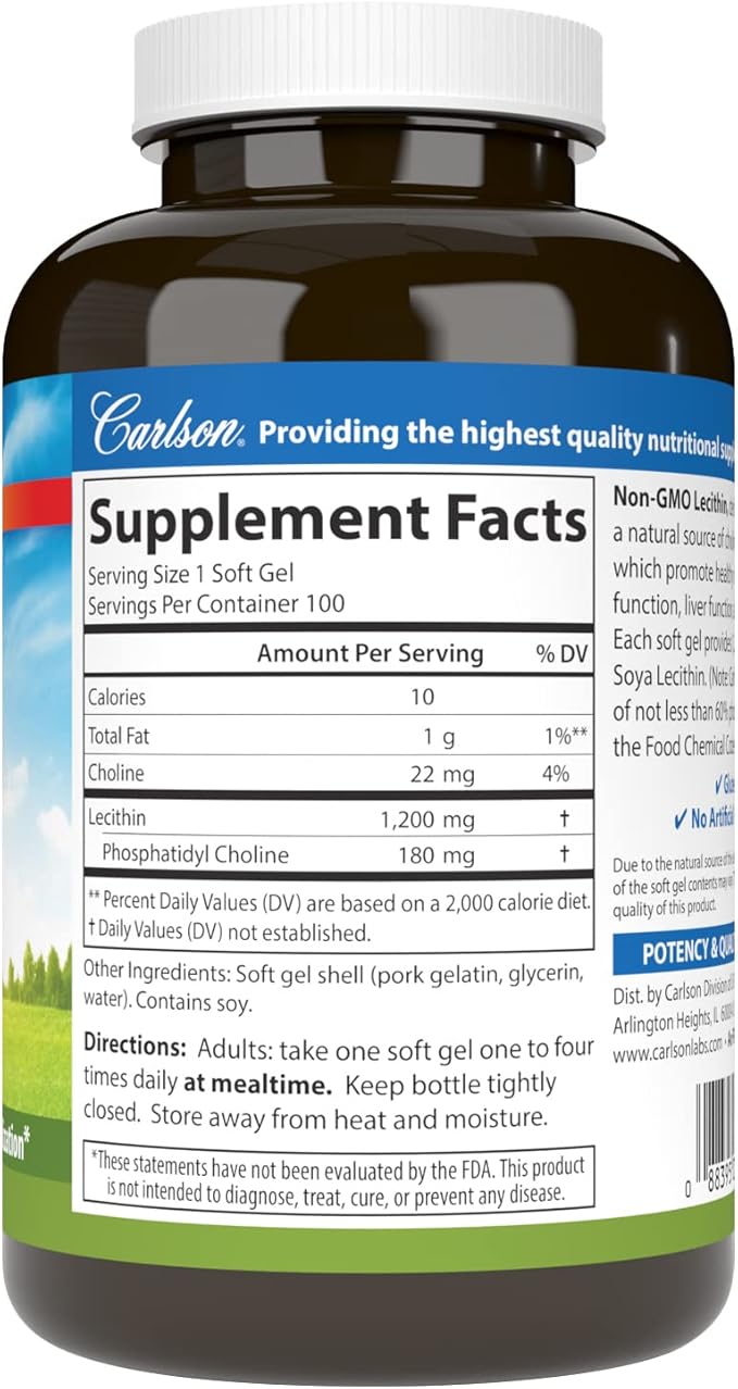 Carlson - Lecithin, Non-GMO, 1200 mg, Nervous System & Liver Function, Unbleached Soy Lecithin, 100 Softgels