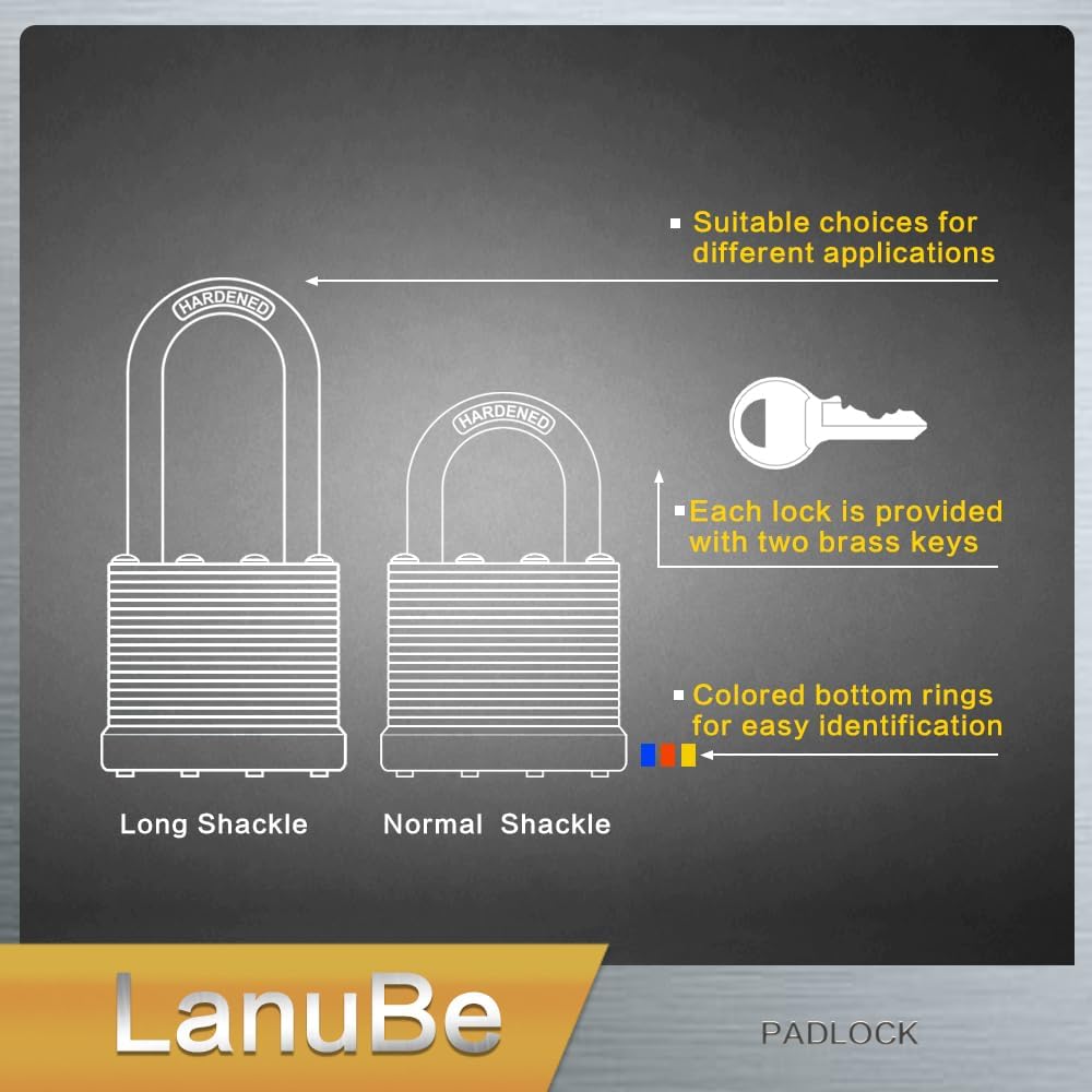 Lanube Lock 12-Pack Laminated Keyed Padlock Set 3 Colors, 2 Short 2 Long Shackles per Color,The Same Color and Shackles Combination. Open with The Same Key.6 Independent Combinations.