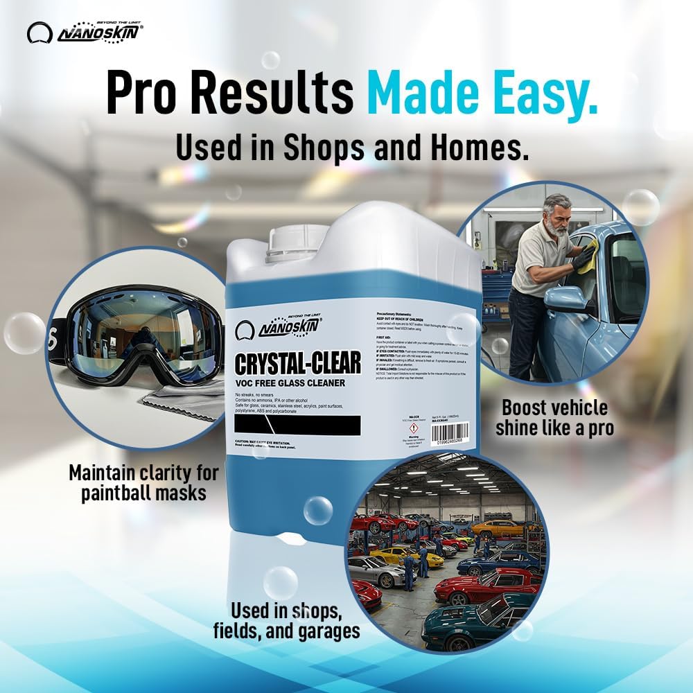 Nanoskin CRYSTAL-CLEAR VOC-Free Glass Cleaner 5 Gallon - Ultra-Concentrated, Eco-Friendly, Streak-Free Finish | Versatile Use for 40:1 Dilution | Perfectly Safe for Auto, Home, Garage & Beyond