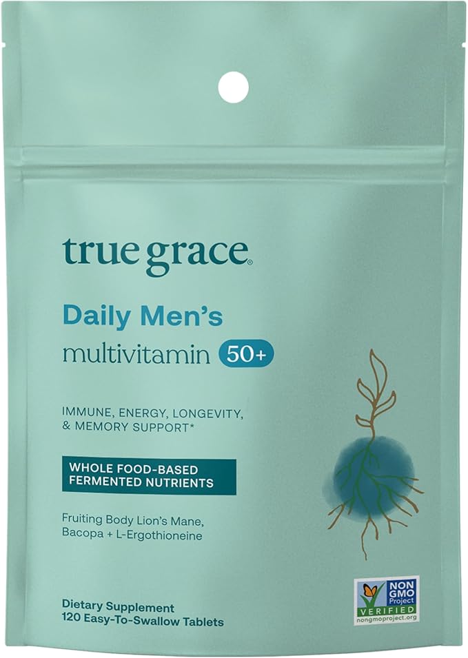 True Grace Daily Men’s Multivitamin 50+ - 120 Easy-to-Swallow Tablets - Immune, Energy, Longevity & Memory Support - Gluten Free, Soy Free, Vegan - 60 Servings