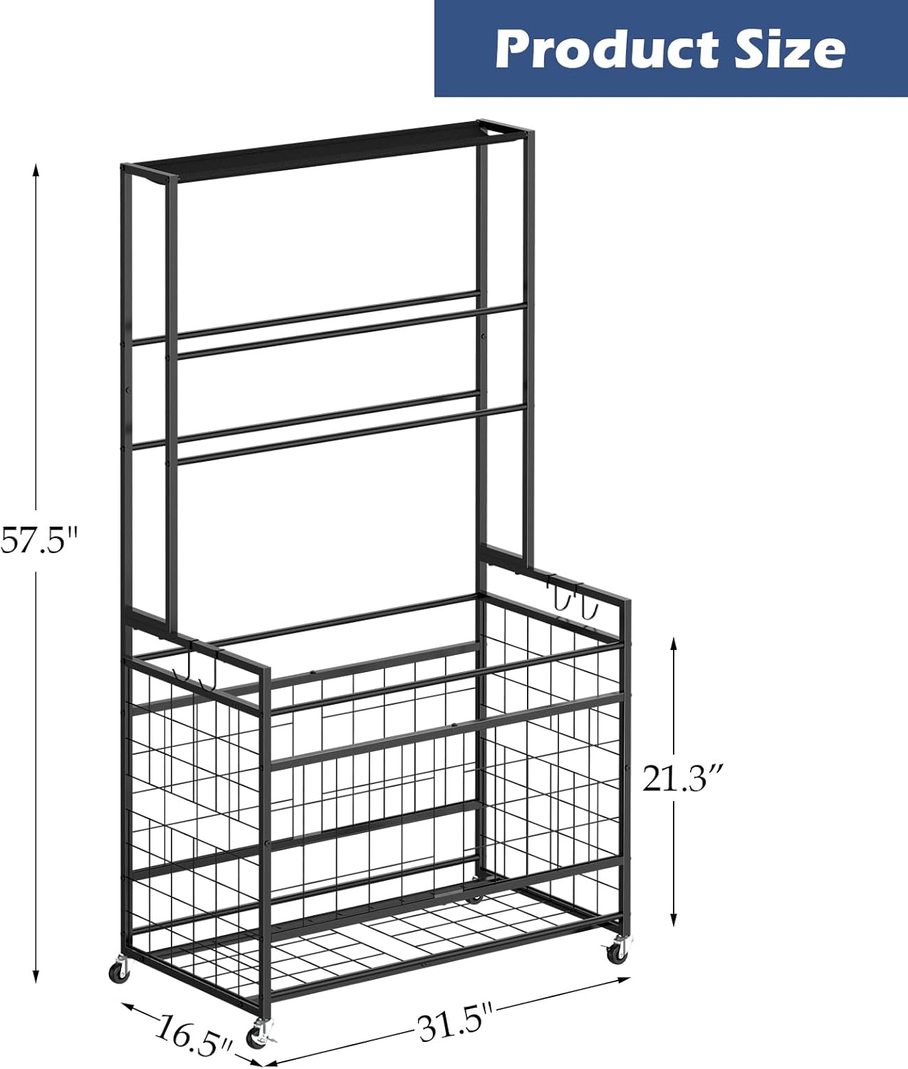 smusei Sports Equipment Organizer Garage Basketball Ball Holder for Sports Gear and Toys Garage Ball Storage Rack Cart with Wheels and Hooks for Volleyball Football Basketball, Indoor/Outdoor, Black