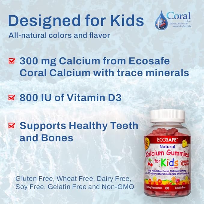 ECO SAFE Coral Calcium Vitamin D3 Kids Gummy, Natural Cherry Flavor, Non GMO, Gluten-Free, Dairy-Free, Soy-Free and Gelatin Free - 300 mg of Calcium, and 800 IU of Vitamin D3-60 Gummies (2 Pack)