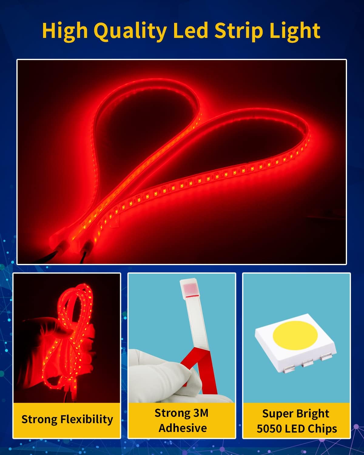 Red Car LED Strip Light,24inch 12V Interior Light Strip IP68 Waterproof Cuttable for Car Motorcycles Boat Golf Cart Truck Cargo Home Decoration with Strong Nano Tape(4PCS)