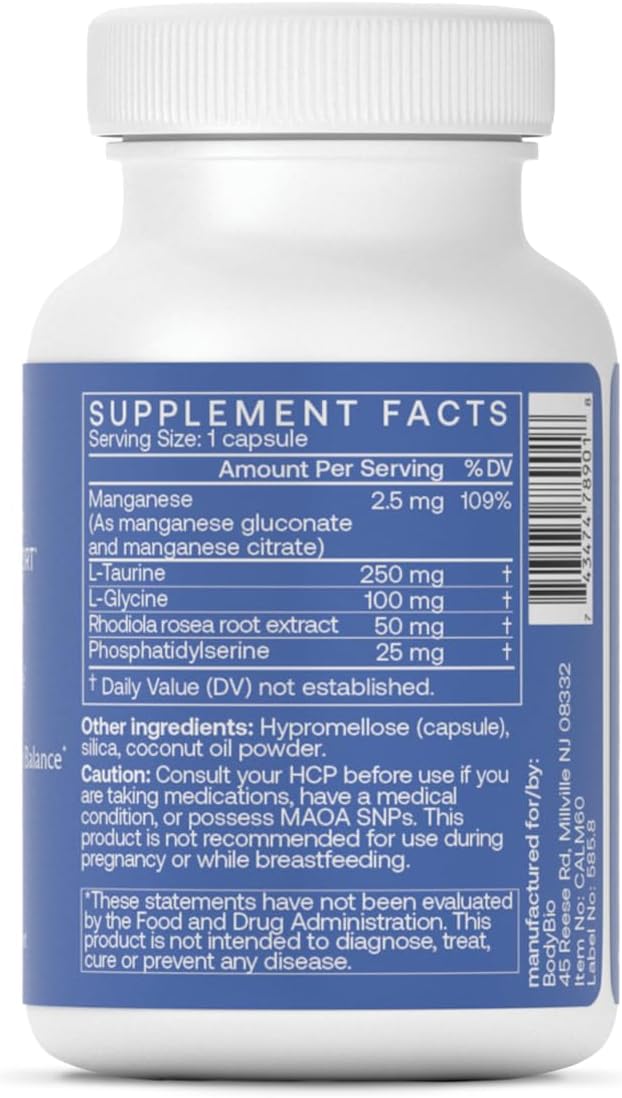 BodyBio Calm - Natural Stress Relief Blend with Rhodiola, Glycine & Phosphatidylserine - Supports Relaxation, Mental Focus & Balanced Cortisol - Non - Drowsy Formula