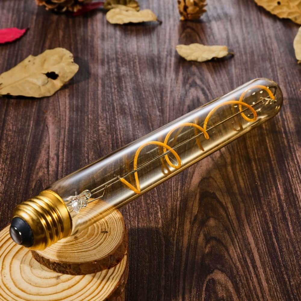 Vintage LED Spiral Filament Bulb T10, 8.9inch Long Tubular Dimmable Edison Light Bulbs,E26 Base,Amber Glass,Warm White,2200K, 400LM(40W Equivalent), Pack of 4
