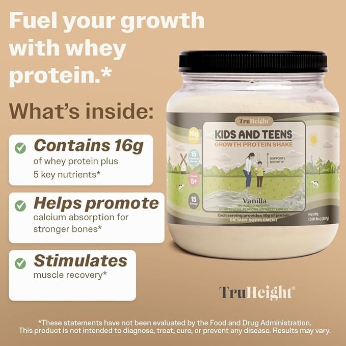 TruHeight Growth Protein Shake (Vanilla Ice Cream Flavor, Whey) Growth & Development Protein Powder for Kids & Teens - Weight Gain Drinks - Endorsed by Pediatricians, Picky Eater Vitamin, Ages 4+