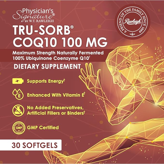 Tru-Sorb Natural COQ10 100mg: 30 Softgels - Supplement with Naturally Fermented 100% High-Potency Coenzyme q10 Ubiquinone, Vitamin E, 6X Ultra high Absorption for Cellular & Heart Health Support