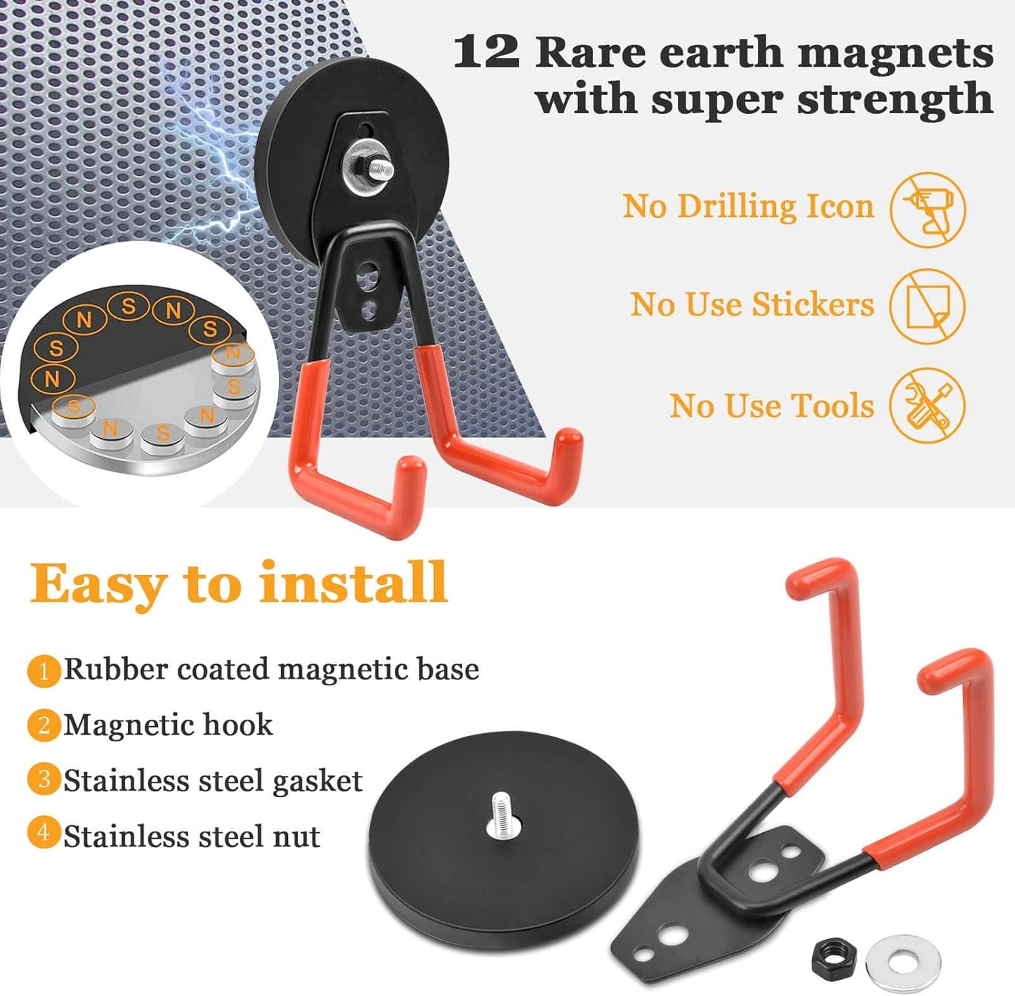 Strong Garage Magnetic Hooks, 45 lbs Pulling 3.46" Large Magnet Hooks for Hanging Heavy Duty, 2 Pack Extra Strong Magnetic Hooks with Anti-Slip Coating, for Cordless Drills, Pegboard, Cruise Cabin