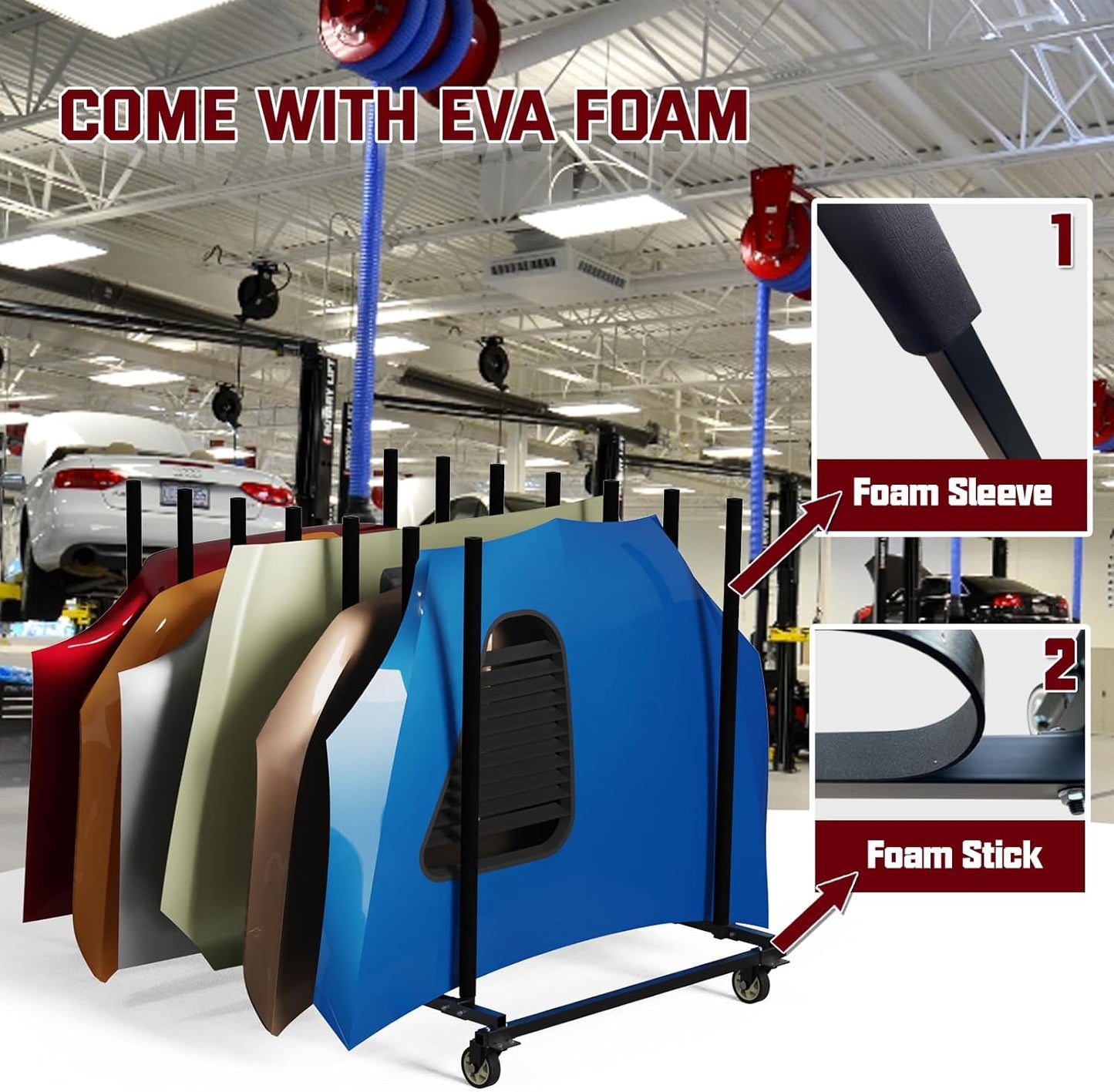 Vehicle Hood Storage Cart, 6 Hood Storage Rack with Dedicated Area for Each Hood Maximize Space Utilization 4 Inch Swivel Caster Allow Floor Mobile Vehicle Hood Storage Cart Smooth Maneuverability