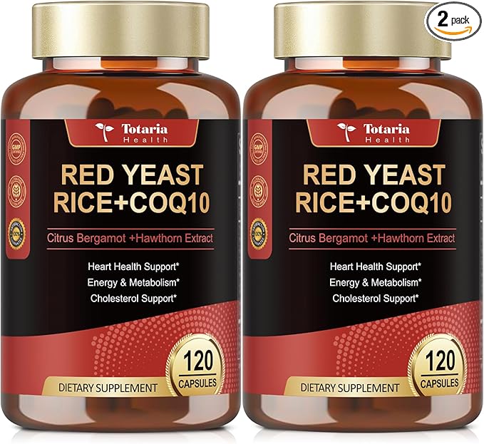 (2 Packs) Red Yeast Rice with CoQ10 Supplement - Citrinin-Free Red Yeast Rice 2,000 mg Capsules with CoQ10 100mg Plus Citrus Bergamot - Niacin-Free, Cholesterol & Energy Supplement 3rd-Party Tested