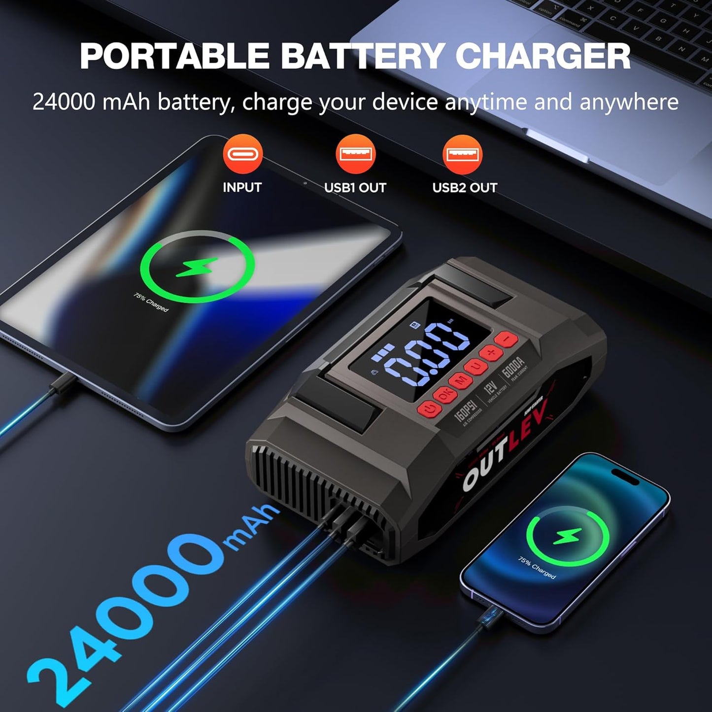 Jump Starter with Air Compressor (6000A 160PSI) - All-in-One Portable Jump Starter for Cars, Trucks, RV, Boat - Fast Charging, Safety Protection, Essential for Road Trips & Emergencies