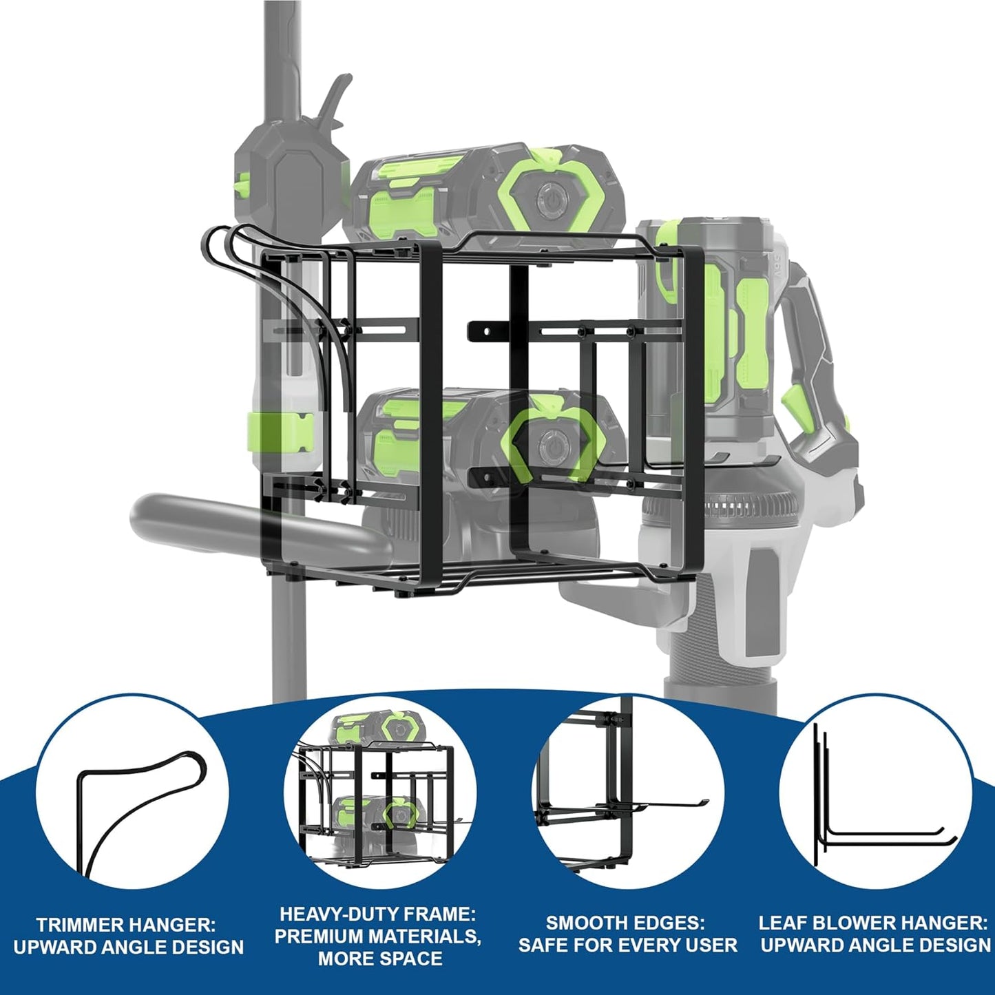 Pugala Universal Storage Rack for Leaf Blower, Weed Eater, and Power Tools – Adjustable Wall Mount Organizer with Heavy-Duty Steel, Powder-Coated Finish, and Battery Storage – Black