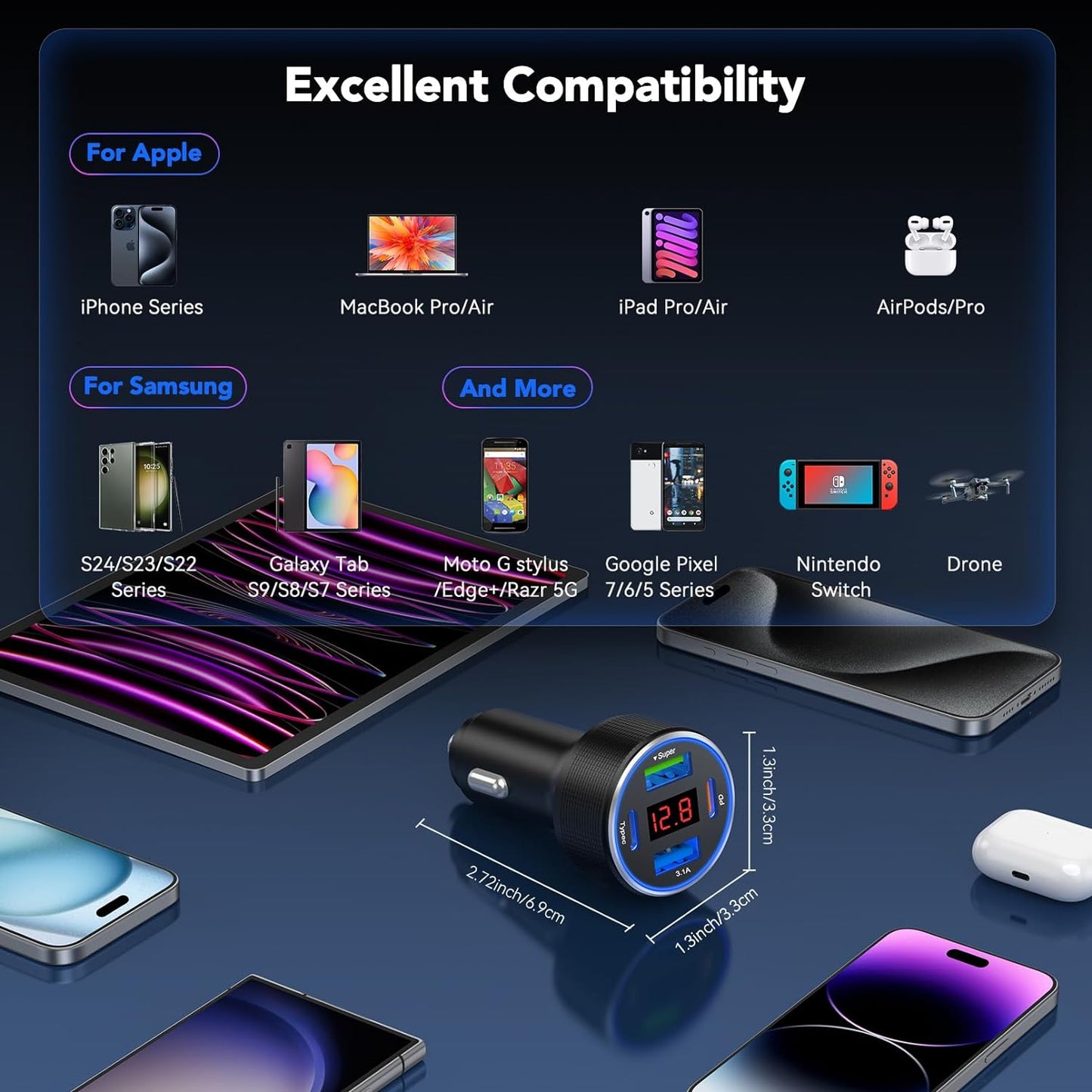 USB C Car Charger, Car Accessories for iPhone Aluminum Alloy Type C Car Charger Adapter Cigarette Lighter USB Charger Fast Charging for iPhone 16 15 14 13 Samsung Galaxy Google iPad Android