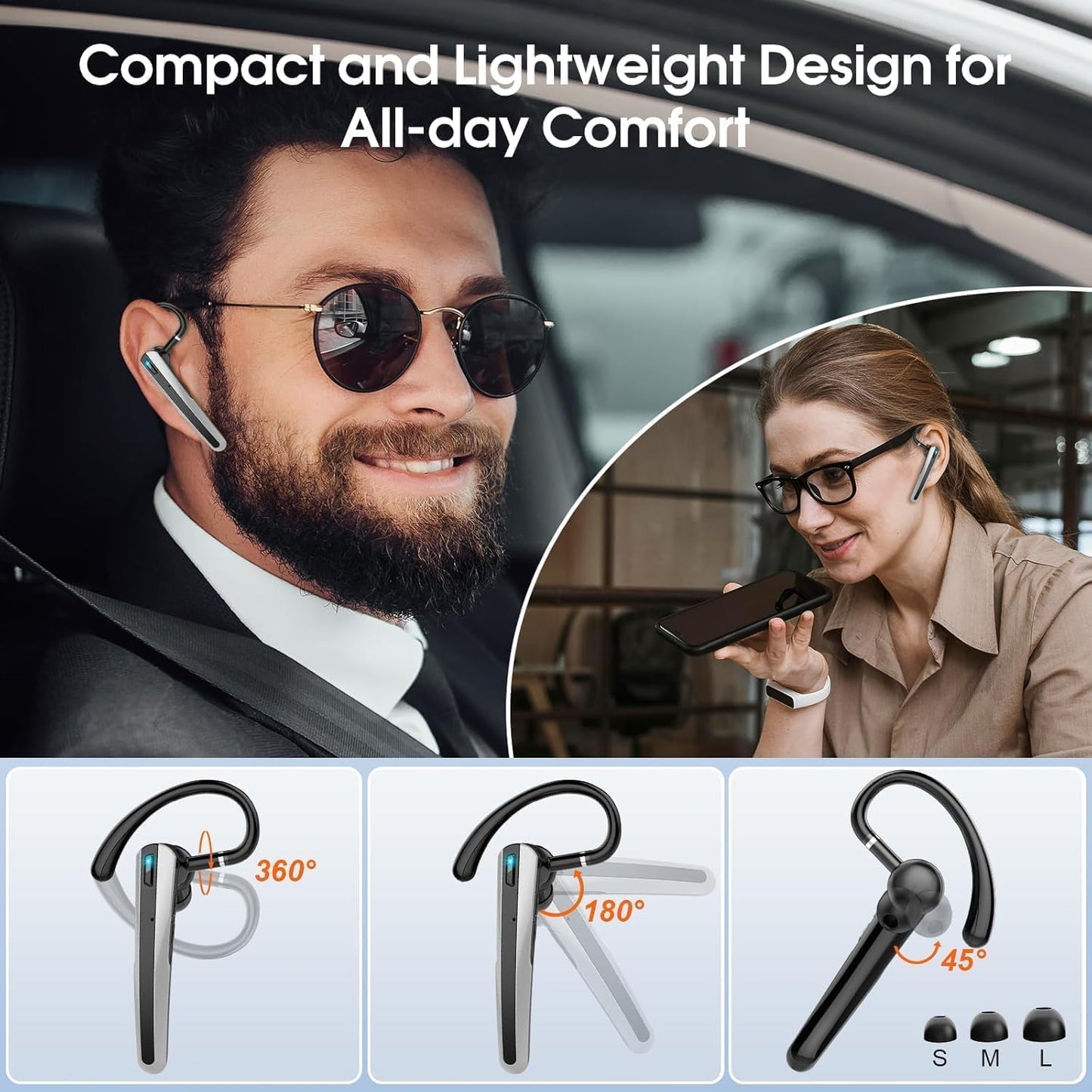 Bluetooth Headset V5.3, Wireless Earpiece with Dual ENC Noise Canceling Mic, 120H Hand-Free Talk Single-Ear Bluetooth Earpiece with LED Display, IP7 Waterproof Headphones for Office/Trucker/Business