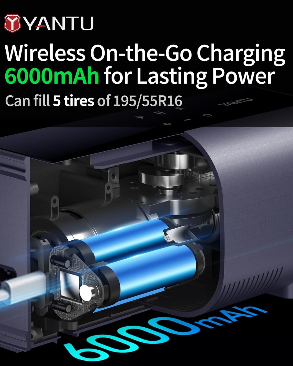 YANTU Dual Cylinder Tire Inflator Portable Air Compressor With 8.3-Inch Large Digital Screen,12V Cordless/battery powered Car Air Pump For Car Tires,Electric Auto Shut Off for Truck/Bike/Pickup/Moto