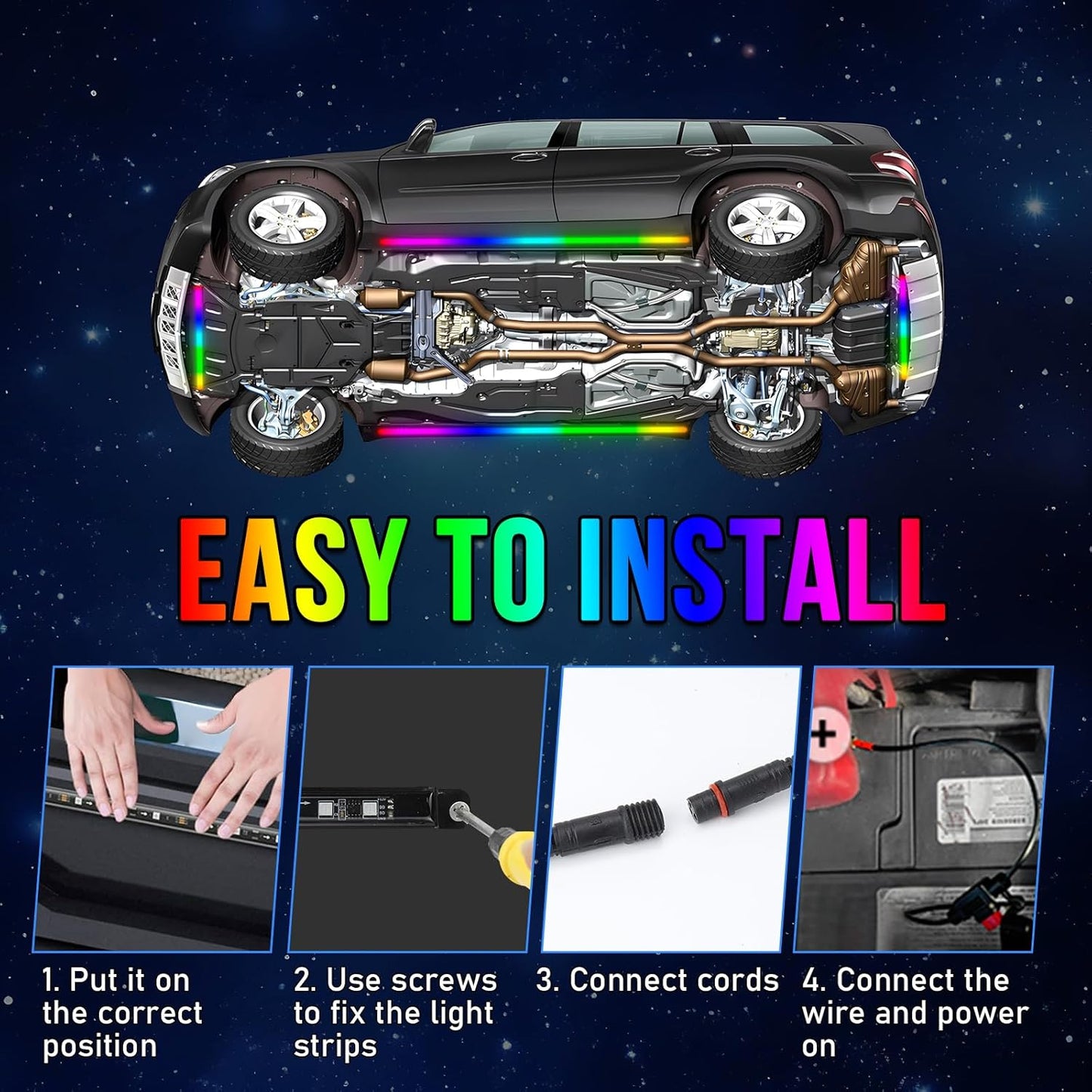 OPP ULITE Car Led Underglow Lights Aluminum Dream Chasing Color Accent Light Bar, RF Remote & APP Control Underglow Light Strip with Red Brake/Yellow Turn Signal/White Reverse Light Kit, 8PC Pack