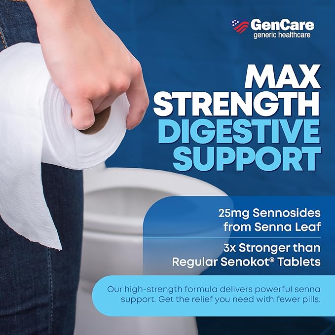 GenCare - Maximum Strength Senna Laxative 25mg (100 Tablets) - Gentle Constipation Relief Sennosides USP Stimulant Laxatives Digestion Pills - Natural Overnight Relief while You Sleep - Generic Ex Lax
