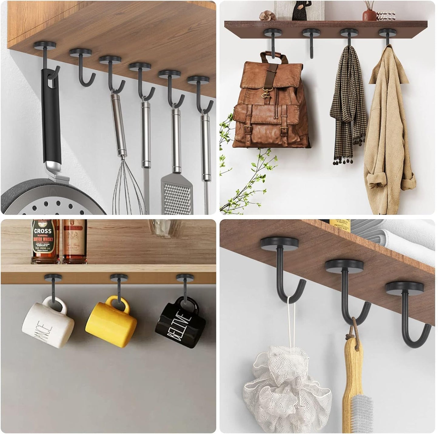 NearMoon Coat Hooks, Wall Hooks for Hanging Hat Hurse Robe, 304 Stainless Steel Heavy Duty Towel Hangers for Bathroom Livingroom Kitchen-Ceiling Hook, 6 Pack (2 Inch, Matte Black)