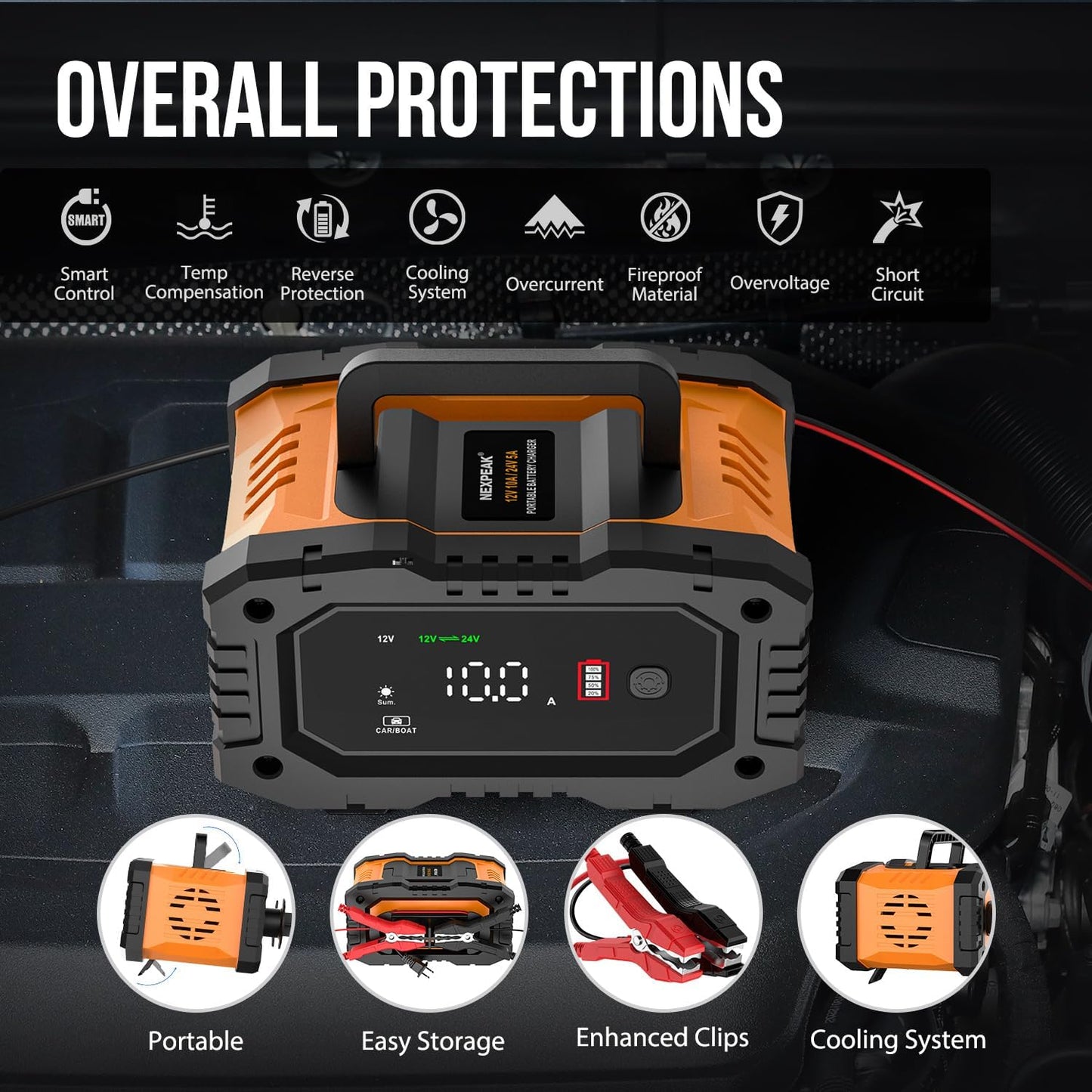 NEXPEAK NC202 10-Amp Battery Charger, 12V 24V LiFePO4 Lead Acid Portable Car Battery Charger 8-Stage Trickle Charger Smart Battery Maintainer w/Temp Compensation for Car Truck Motorcycle Lawn Mower