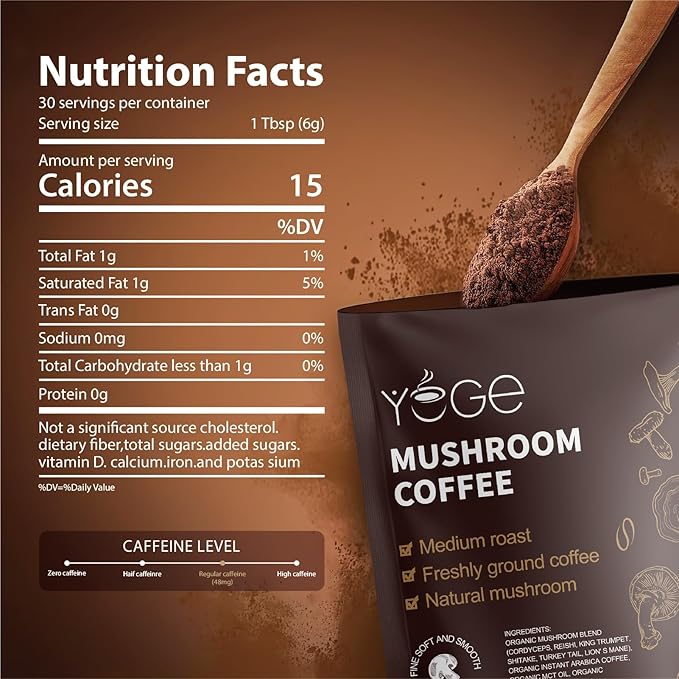 Mushroom Coffee, Instant Organic Mushroom Coffee with Cordyceps, Reish, King Trumpet, Shitake, Turkey Tail, Lions Mane for Energy, Focus, Positive Mood & Immune Support (30 Servings)