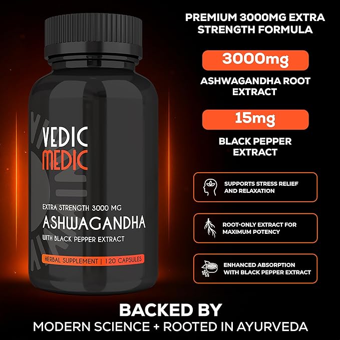 Organic Ashwagandha Capsules Extra Strength 3000mg with Black Pepper Extract - Stress Relief, Mood Enhancer, Energy Support - Non-GMO, Vegan, Gluten Free (120)