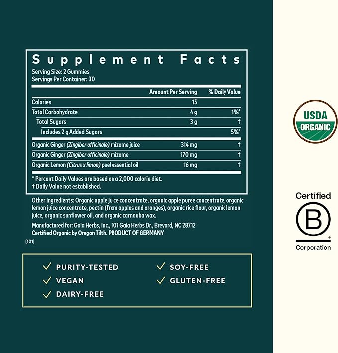Gaia Herbs Nausea Organic Gummy - Relieves Occasional Nausea - with Ginger and Lemon - 60 Vegan Gummies (30-Day Supply)