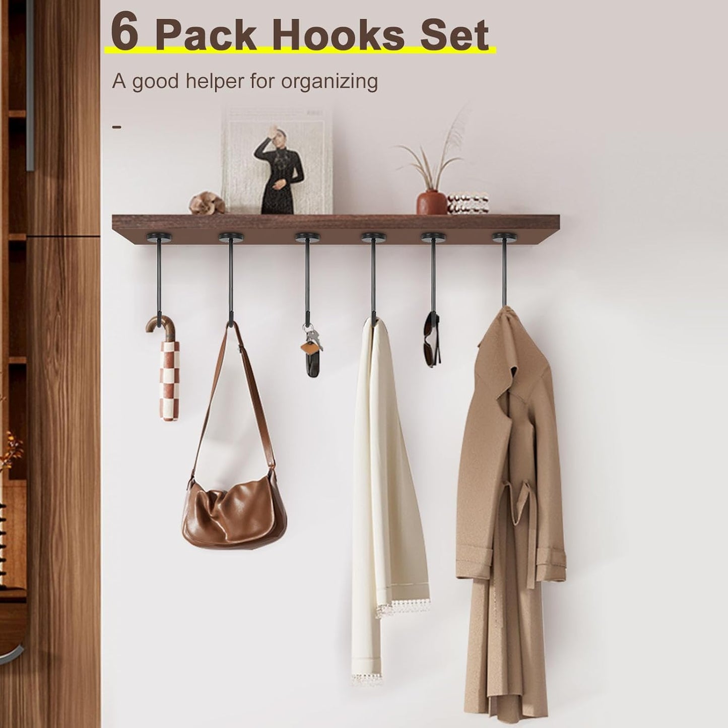 NearMoon Coat Hooks, Wall Hooks for Hanging Hat Hurse Robe, 304 Stainless Steel Heavy Duty Towel Hangers for Bathroom Livingroom Kitchen-Ceiling Hook, 6 Pack (6 Inch, Matte Black)