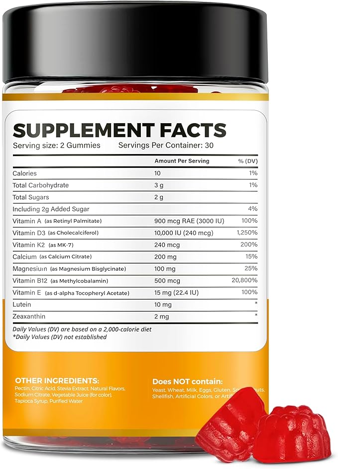 Vitamin D3 K2 Gummies 10000 IU with Magnesium Glycinate, Calcium, B12, K2 MK-7, Vitamins A, E, Lutein, Zeaxanthin - ADK Chewable Supplement for Bone, Heart, Eye, Immune Support - D3K2 Gummies